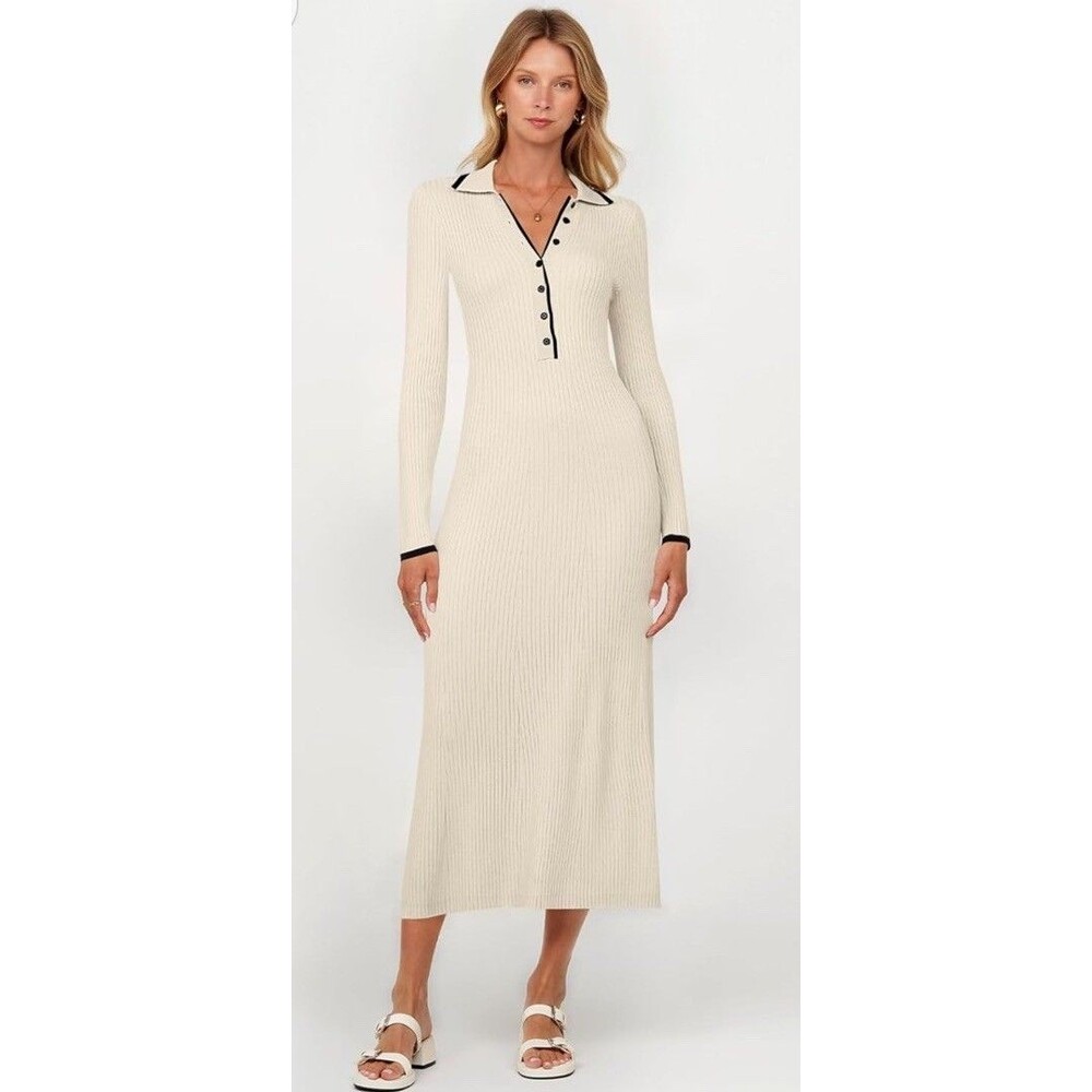 TECREW Women's Long Sleeve V Neck Sweater Maxi Dress Button Body Fitted Medium